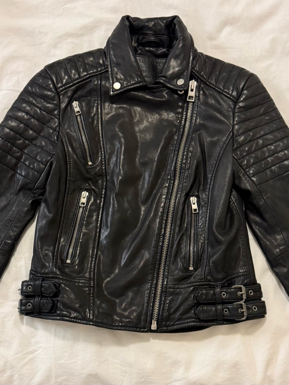 AllSaints Black Quilted Shoulder Leather Moto Jacket